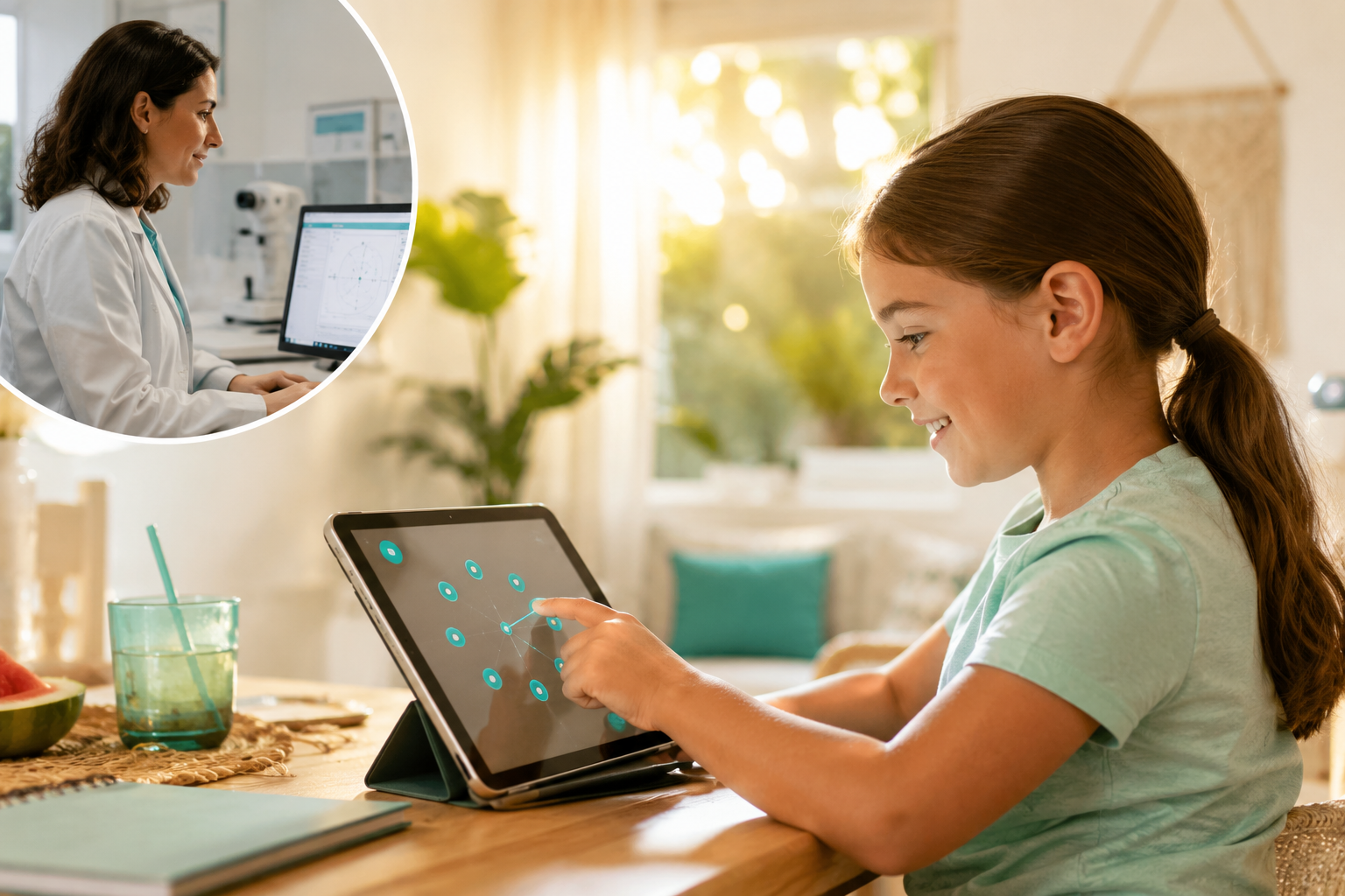 Paciente haciendo Terapia Visual desde casa en verano mientras el optometrista supervisa a distancia