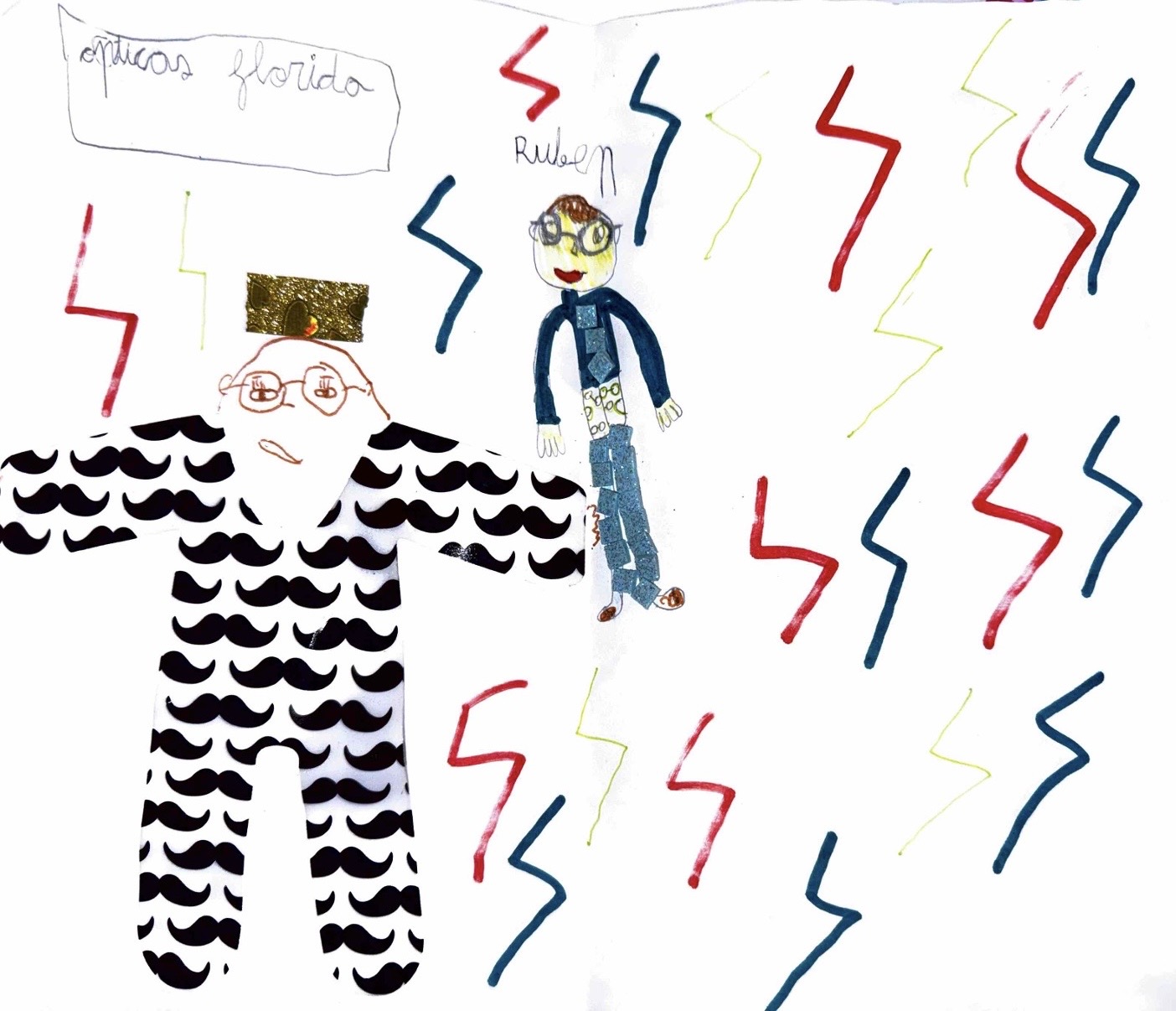 Dibujo infantil de Ópticas Florida hecho por Elionor, de 8 años. A la izquierda se ha dibujado a sí misma enorme con corona; a la derecha aparece Rubén, más pequeño, con gafas y corbata de cuadros. Todo rodeado de rayos de colores.