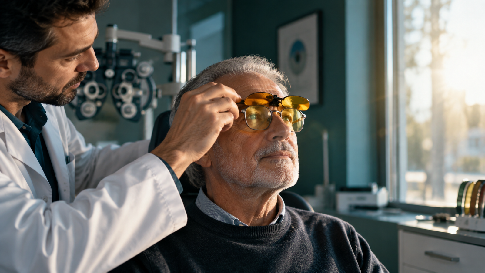Optometrista probando filtros selectivos abatibles sobre las gafas de un paciente mayor en consulta