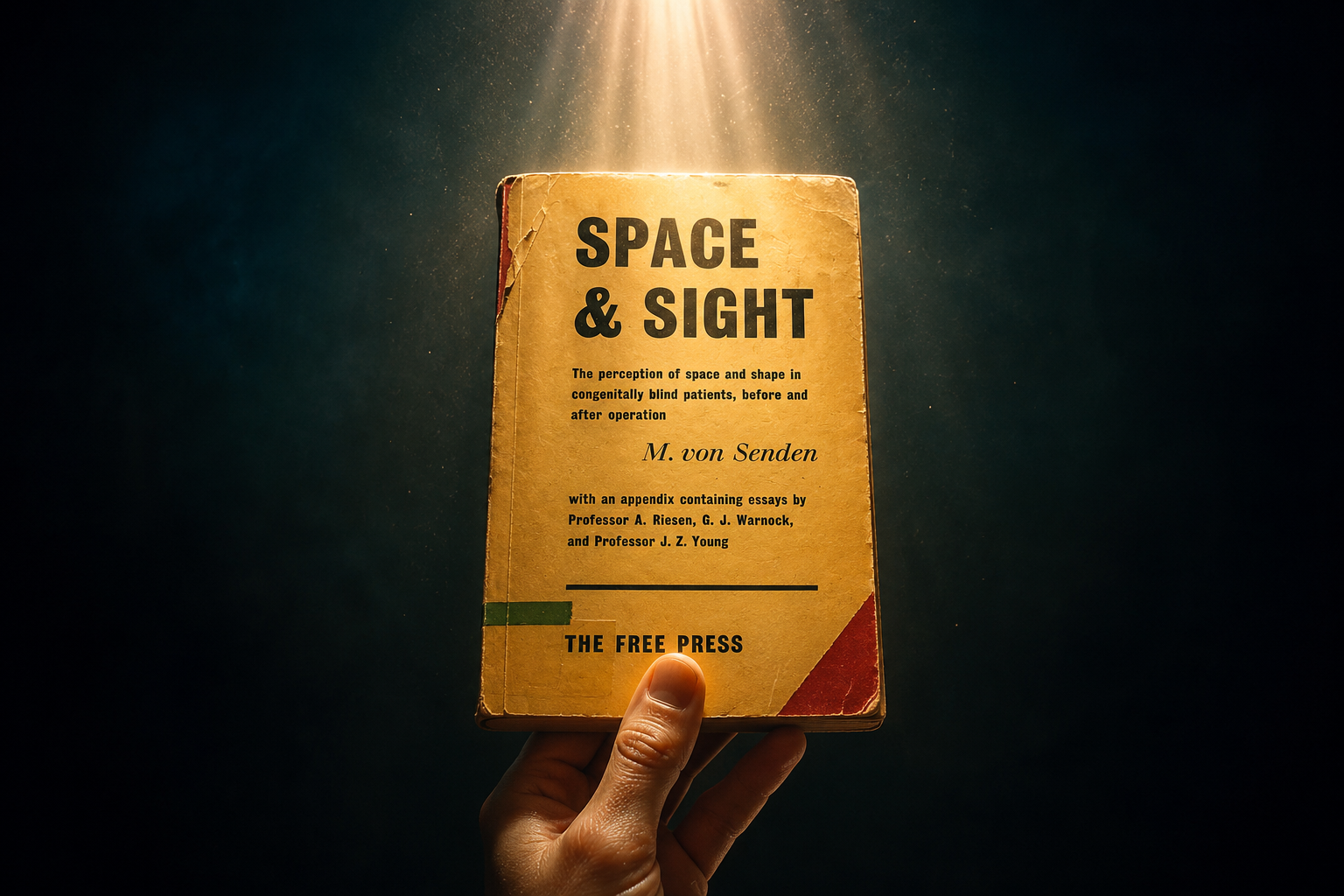 Una mano alza el libro «Space & Sight» hacia un haz de luz sobre fondo oscuro